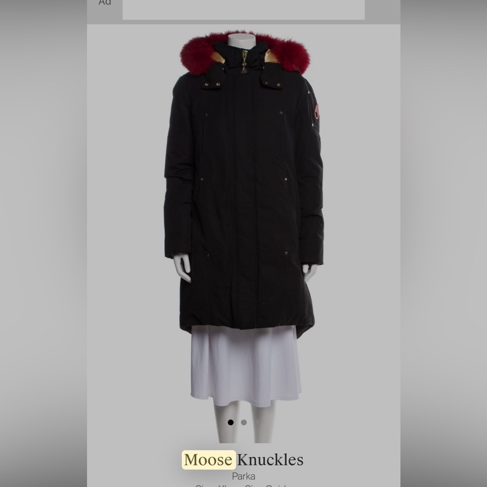 Moose Knuckles Black Coat with Red Fur and Gold Details